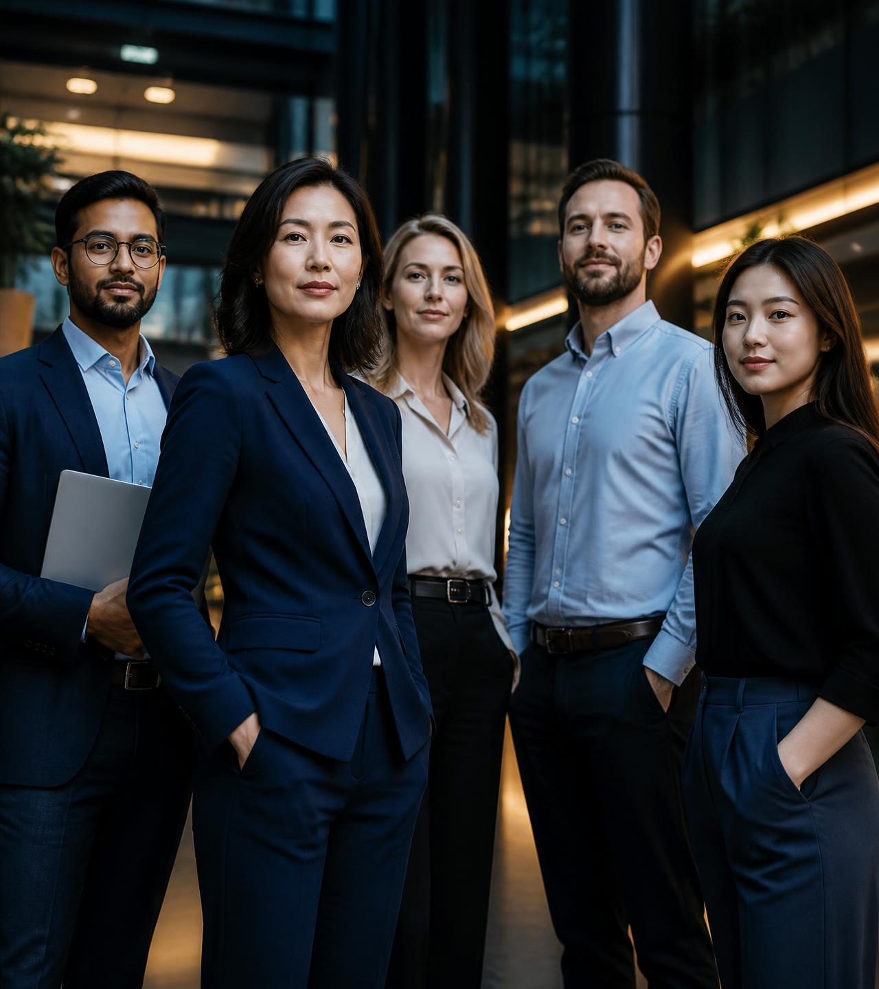 White collar professionals - finance, technology, HR, engineering and analytics - in a modern corporate atrium